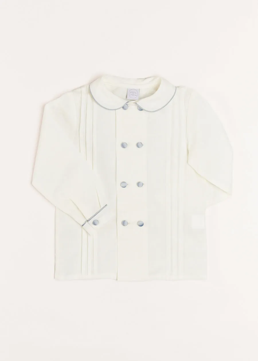 Double-Breasted Peter Pan Collar Long Sleeve Shirt with Blue Silk Piping (2-10yrs)