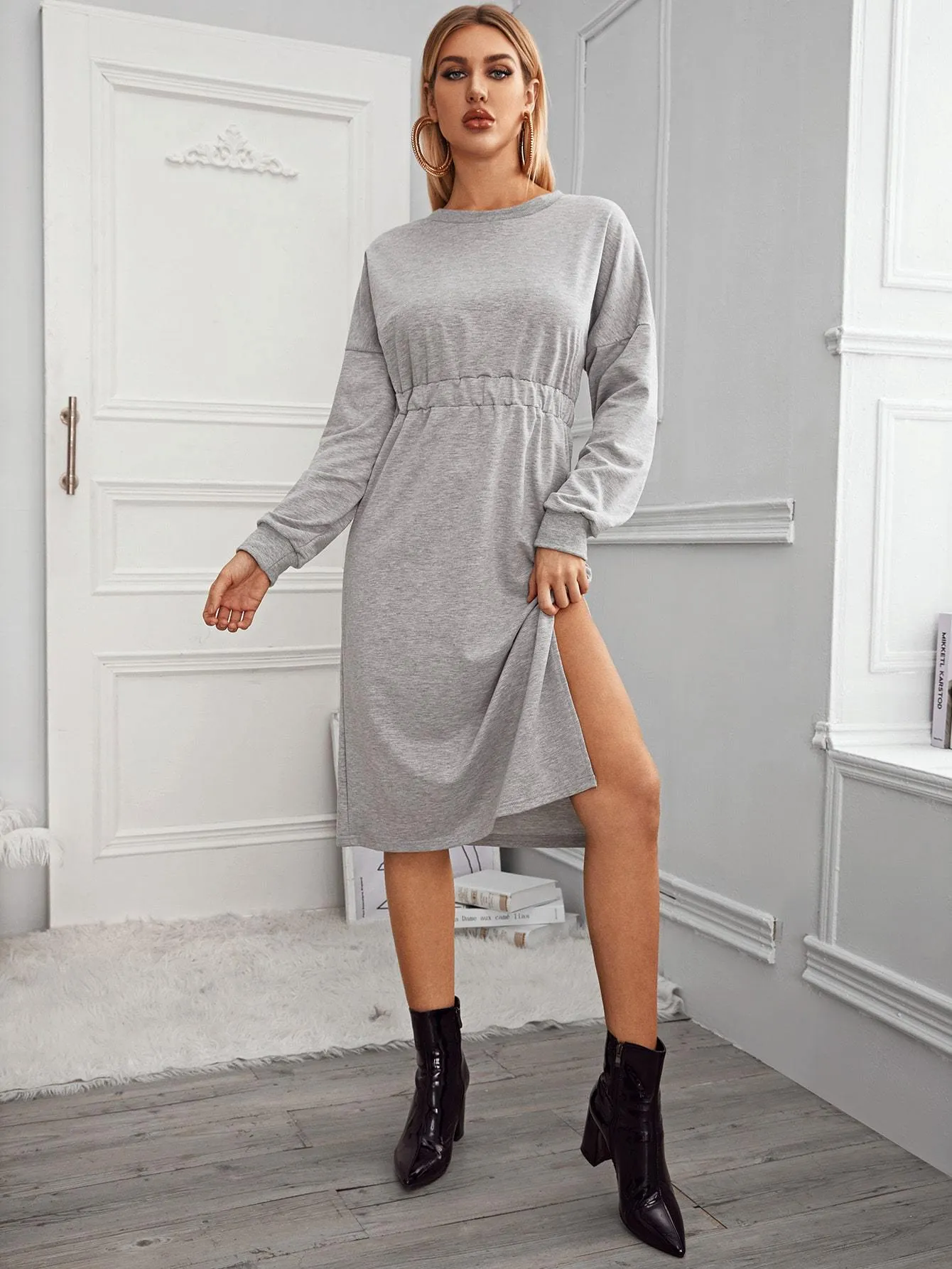 Drop Shoulder Split Thigh Sweatshirt Dress