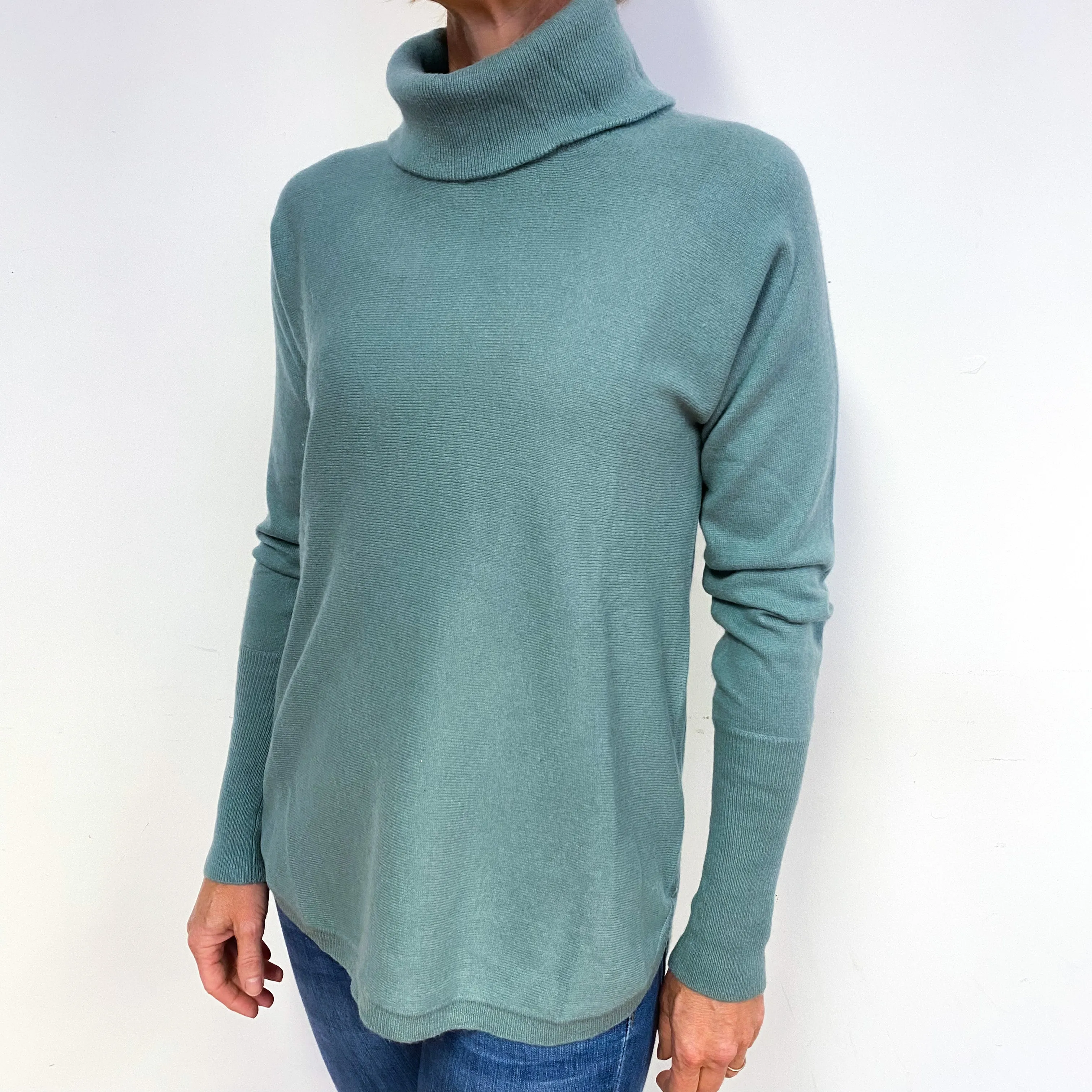 Duck Egg Blue Batwing Cashmere Polo Neck Jumper Medium