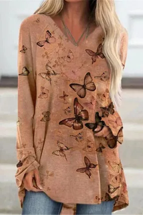 Dunnmall Fashion Butterfly Print V Neck Blouse