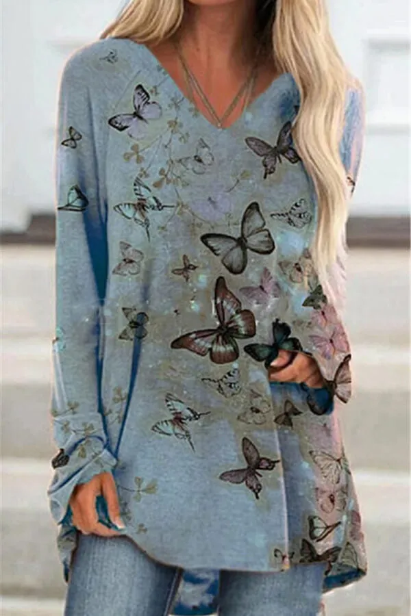 Dunnmall Fashion Butterfly Print V Neck Blouse