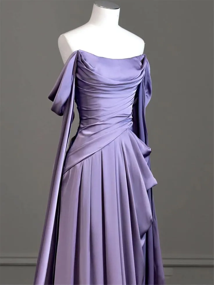 Elegant Purple Satin Prom Dress, Draped Bodice Formal Party Dress       fg3961