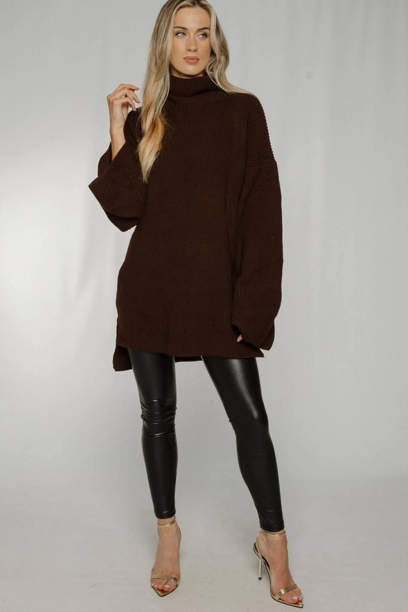 Ella Longline Polo Neck Jumper In Chocolate