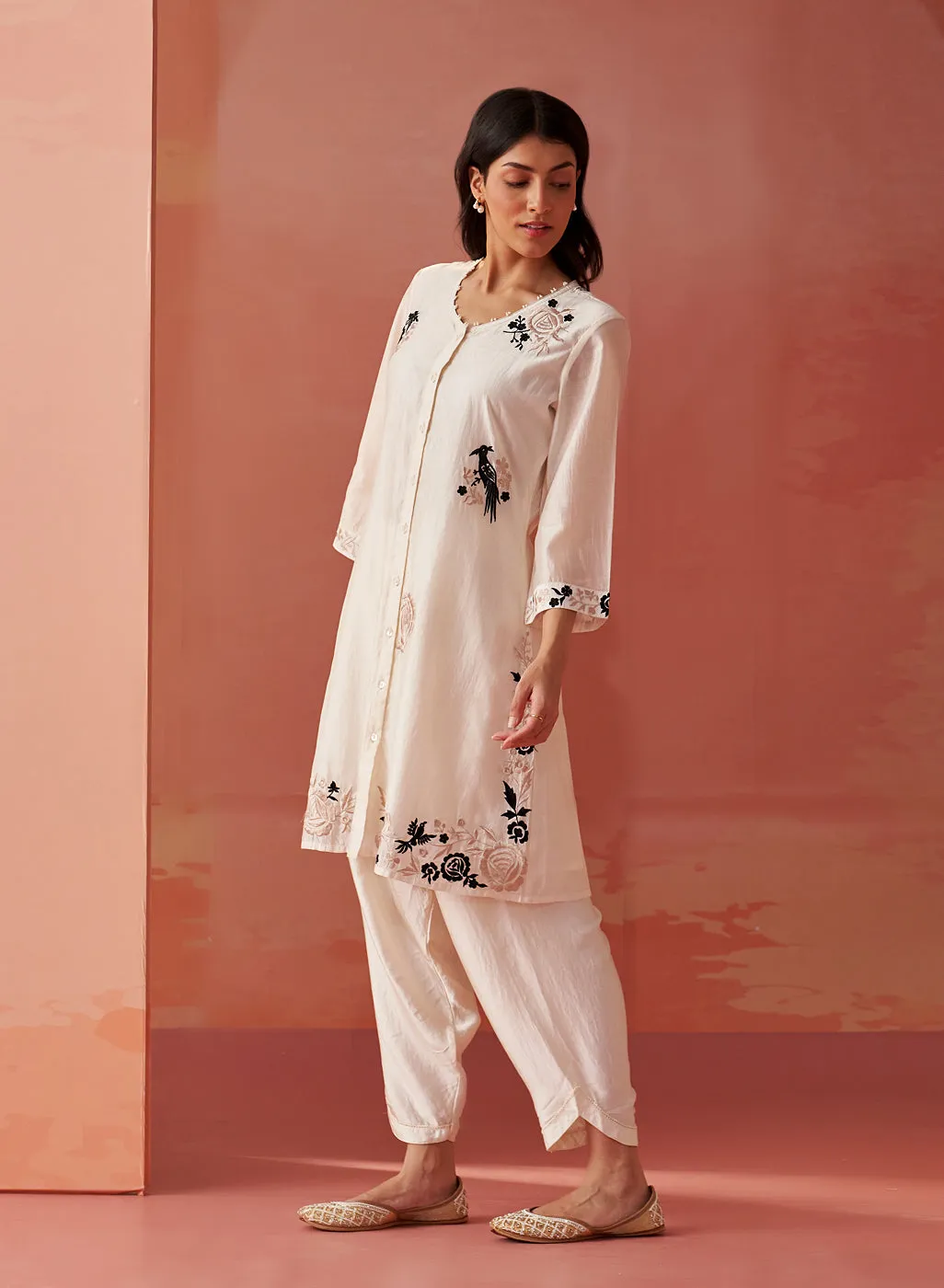 Farida Ivory Embroidered Chanderi Tunic for Women