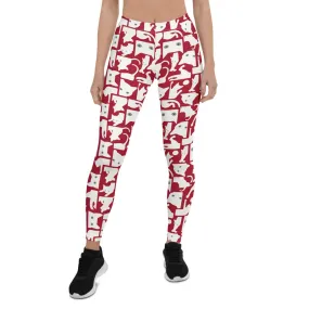 Feline-Inspired Women's Red Leggings with Striking White Silhouette