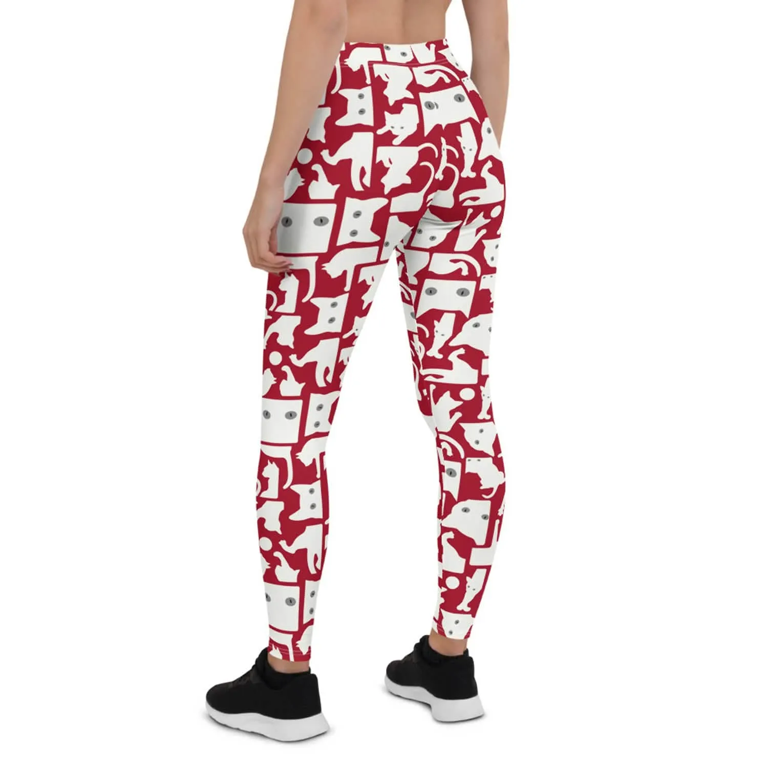 Feline-Inspired Women's Red Leggings with Striking White Silhouette