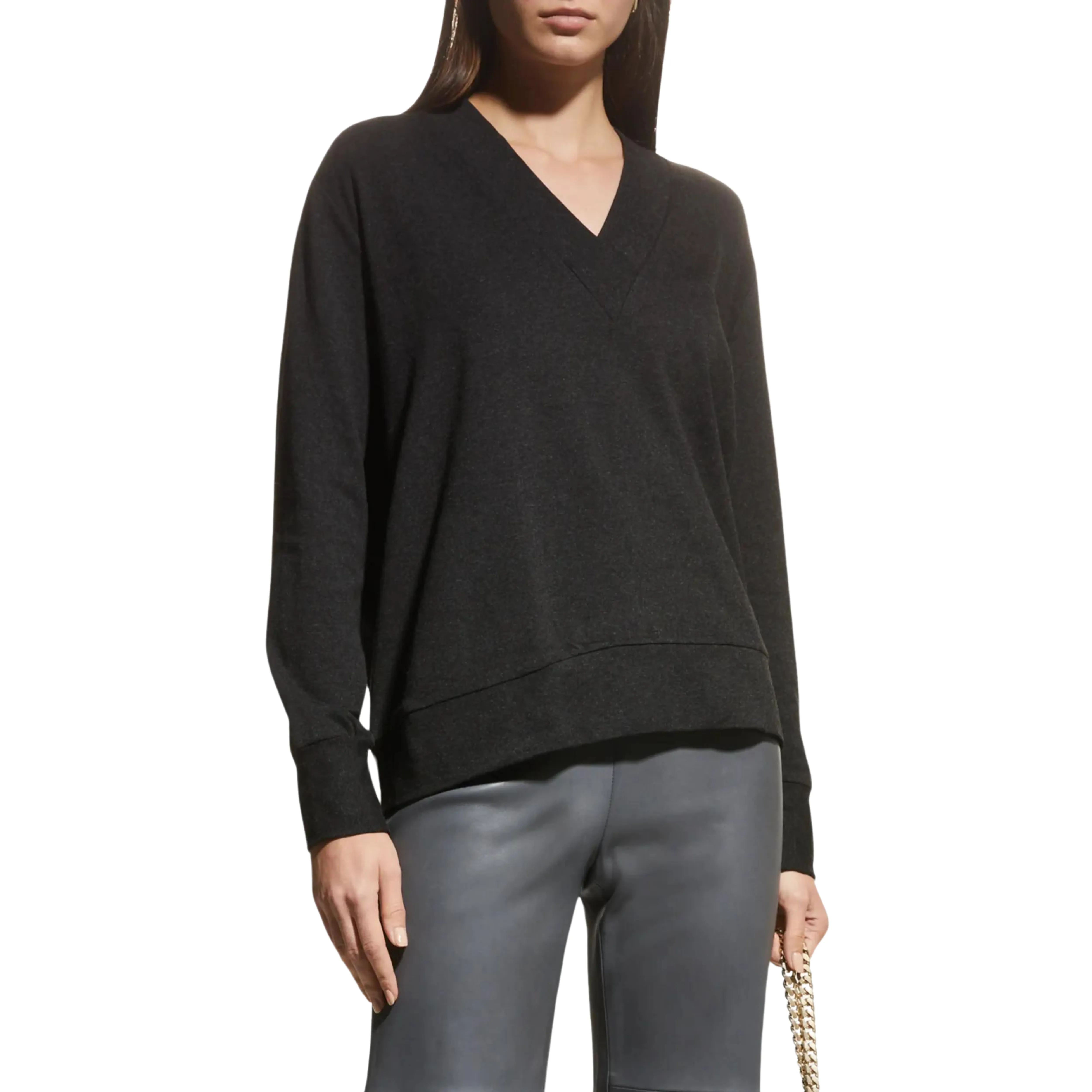 French Terry Long Sleeve Deep V-Neck - Anthracite Grey