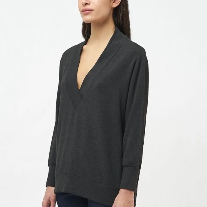 French Terry Long Sleeve Deep V-Neck - Anthracite Grey