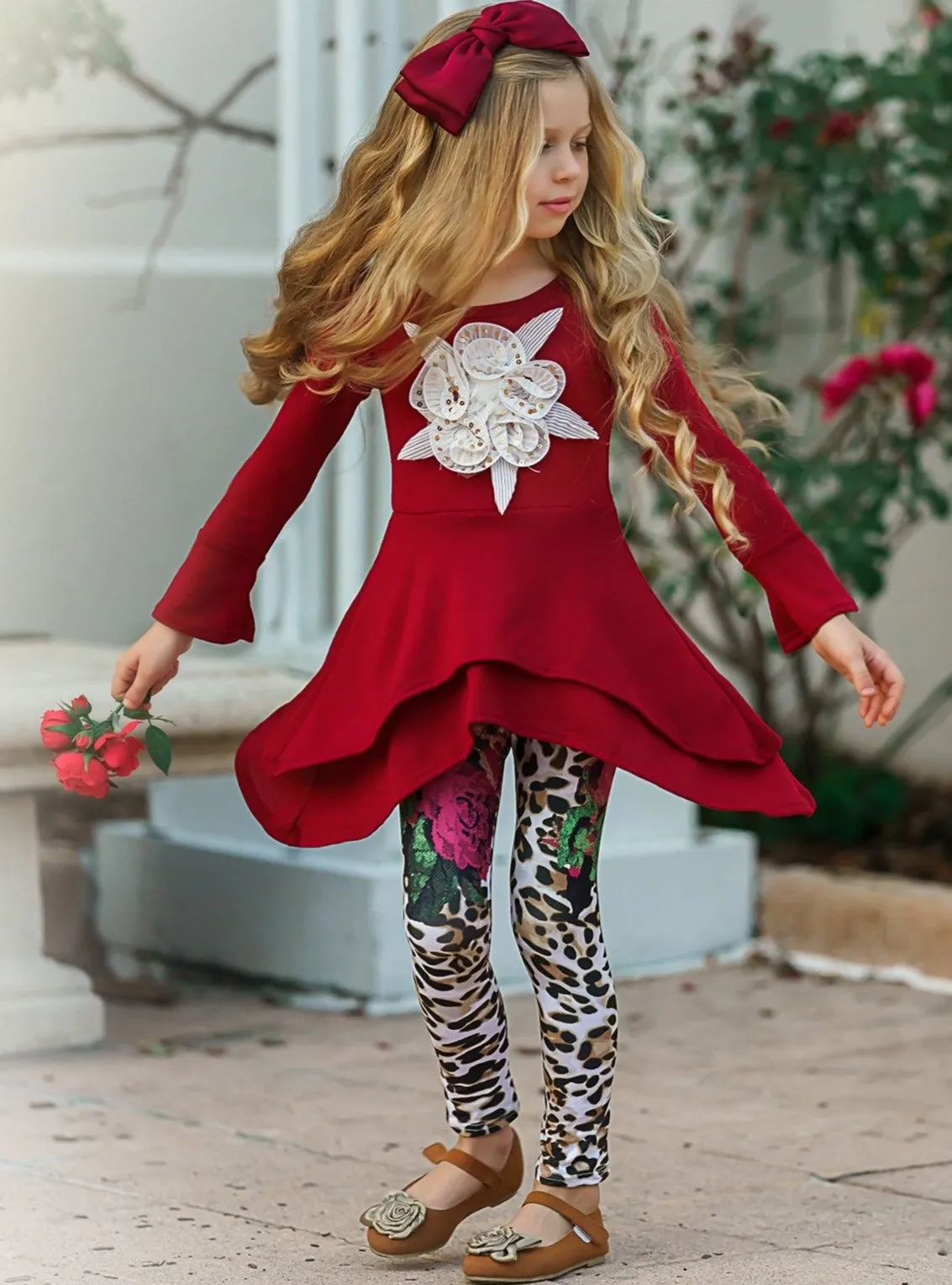 Girls Double Tiered Side Tail Applique Tunic And Printed Legging Set