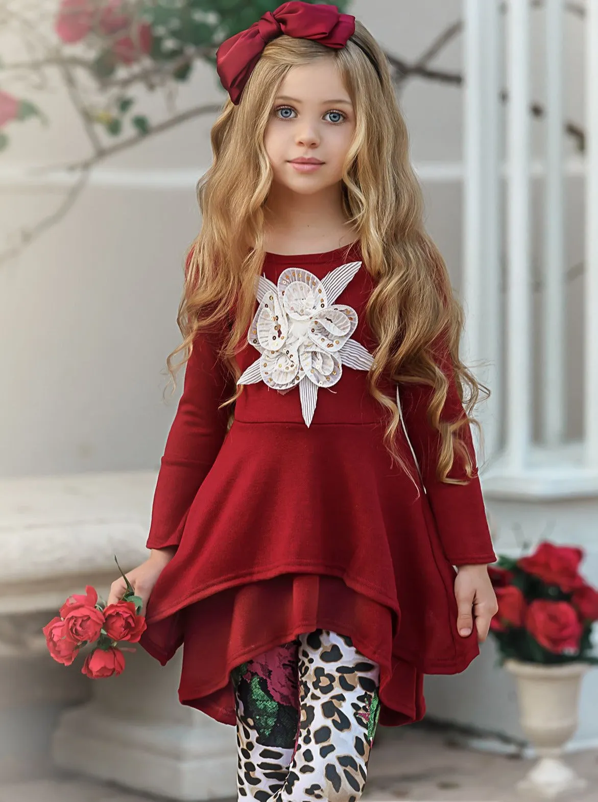 Girls Double Tiered Side Tail Applique Tunic And Printed Legging Set