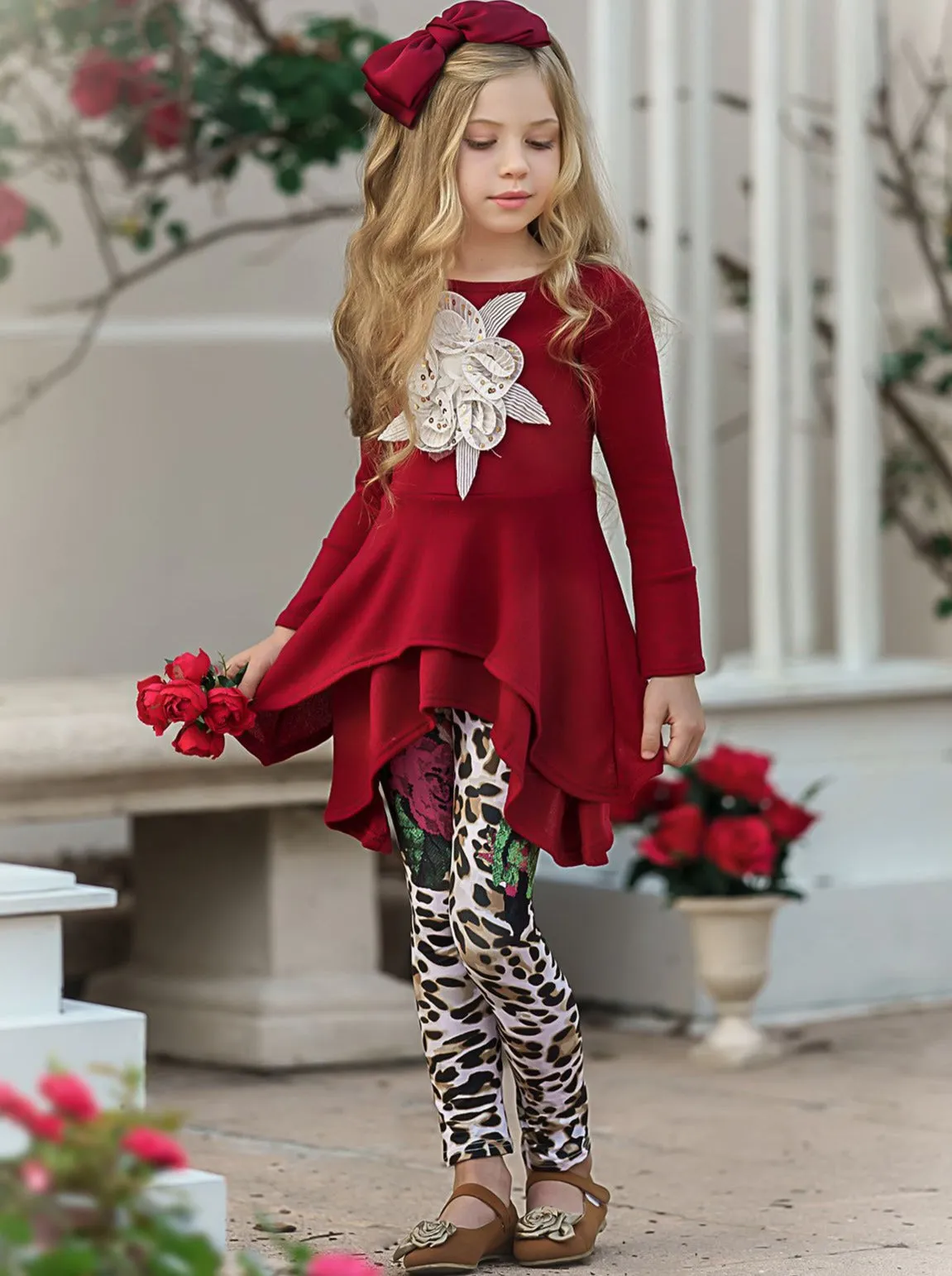 Girls Double Tiered Side Tail Applique Tunic And Printed Legging Set