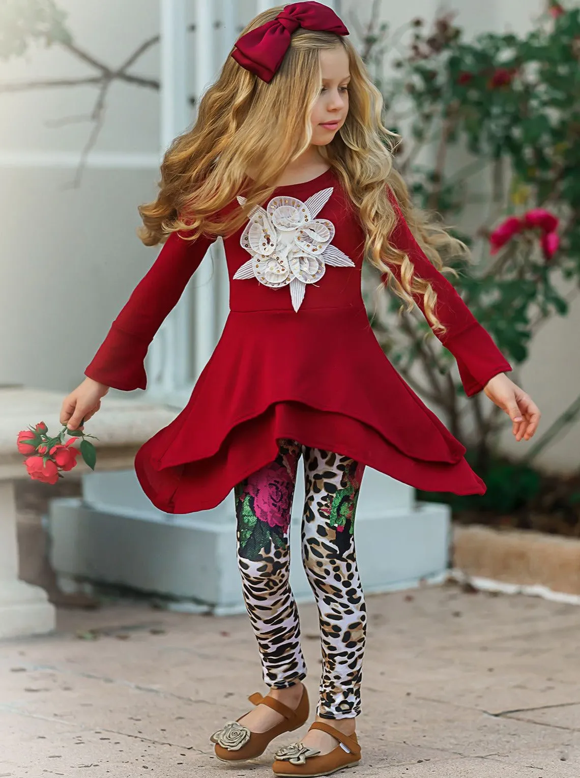 Girls Double Tiered Side Tail Applique Tunic And Printed Legging Set