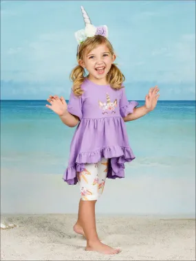 Girls Floral Shiny Unicorn Ruffled Hi-Lo Tunic And Capri Legging Set