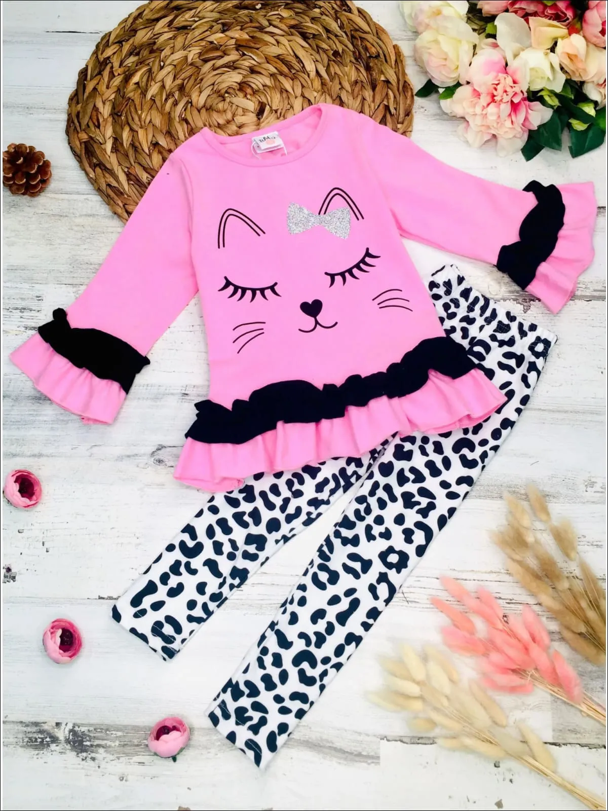 Girls Long Sleeve Kitty Face Ruffled Tunic and Animal Print Legging Set