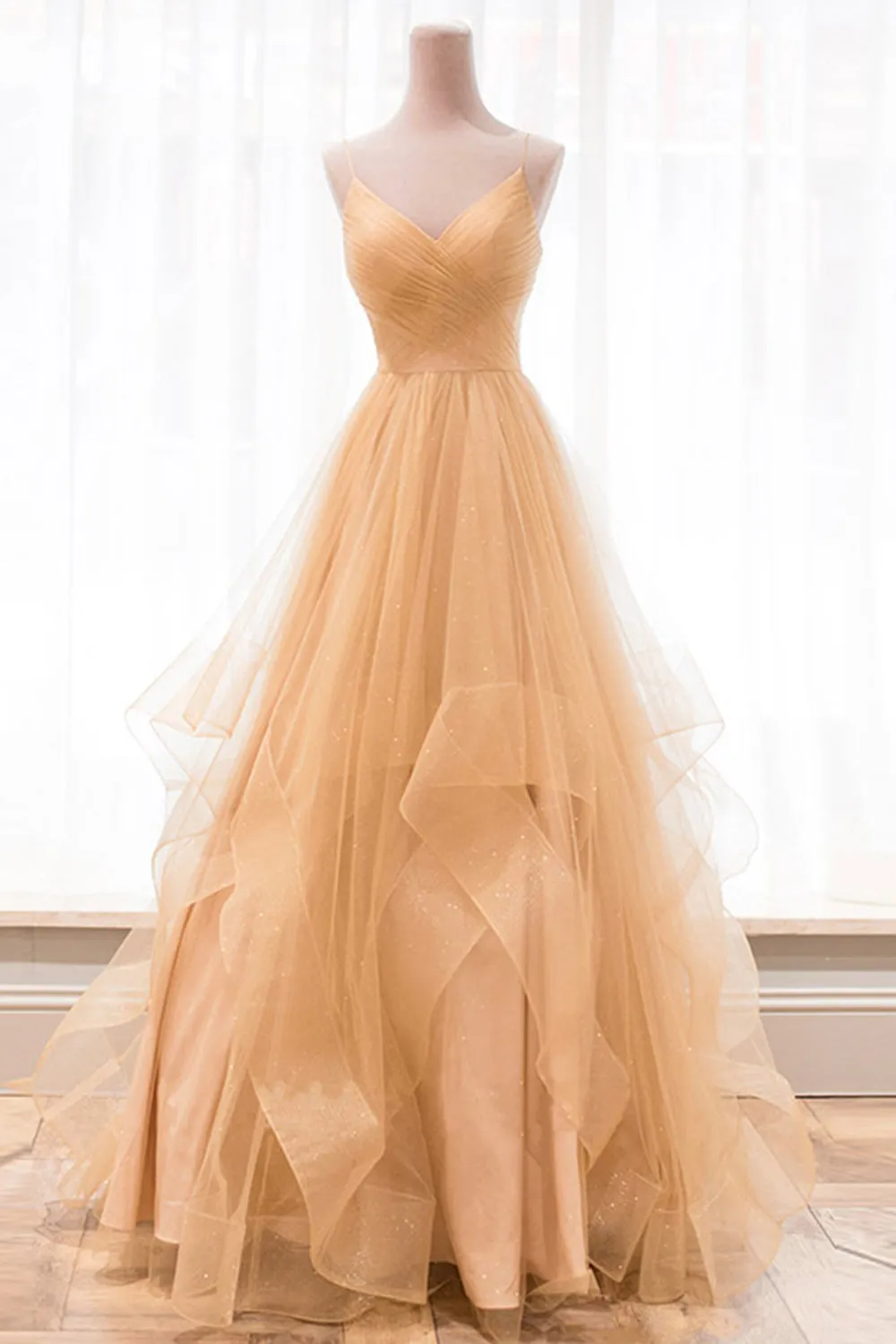 Gold V-Neck Tulle Long Prom Dress, A-Line Evening Dress