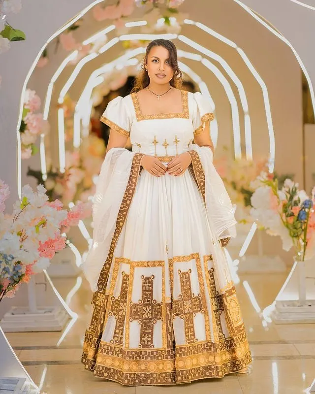 Gorgeous Brown and Golden Habesha Dress Ethiopian Traditional Habesha Kemis for Events