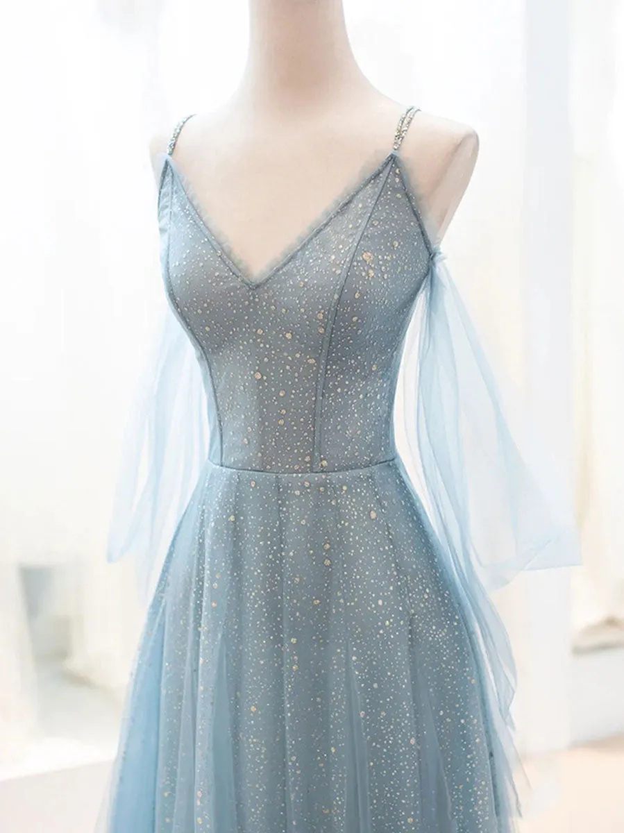 Gray Blue V Neck Tulle Sequin Long Prom Dress, Blue Evening Dress