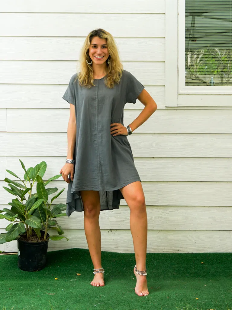 Gray Raw Natural Cotton Gauze Asymmetrical Maxi Dress