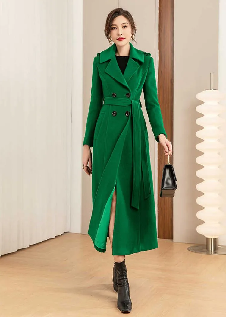 Green Double Breasted Wool Blend Long Coat