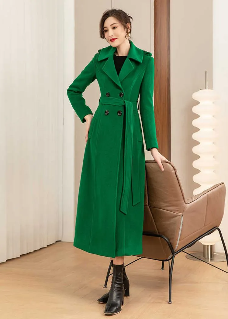 Green Double Breasted Wool Blend Long Coat