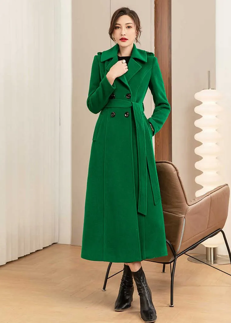 Green Double Breasted Wool Blend Long Coat