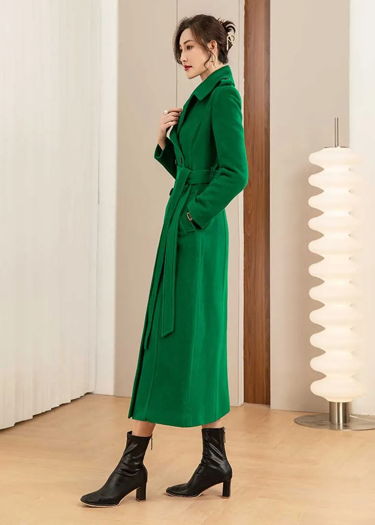 Green Double Breasted Wool Blend Long Coat