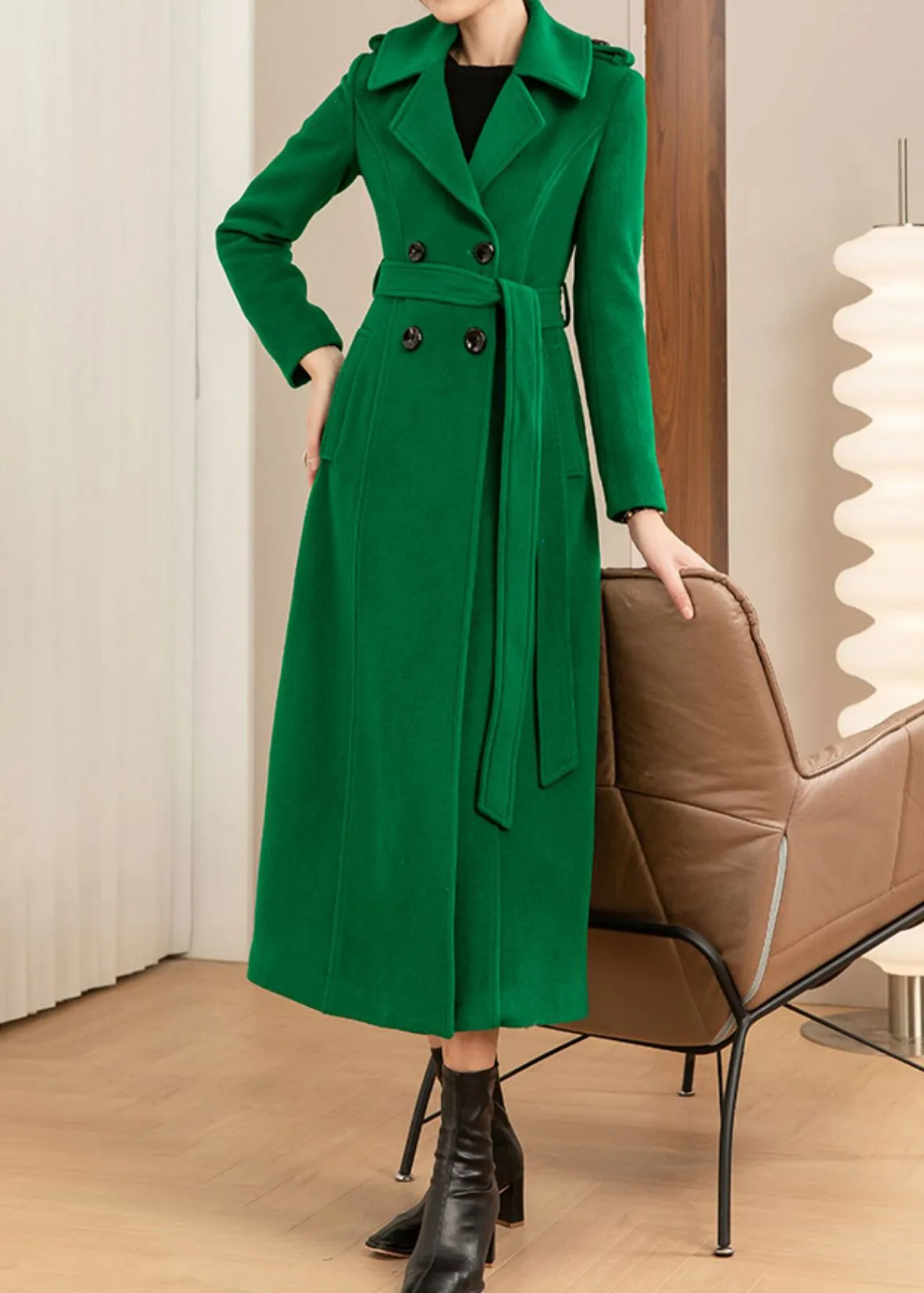 Green Double Breasted Wool Blend Long Coat