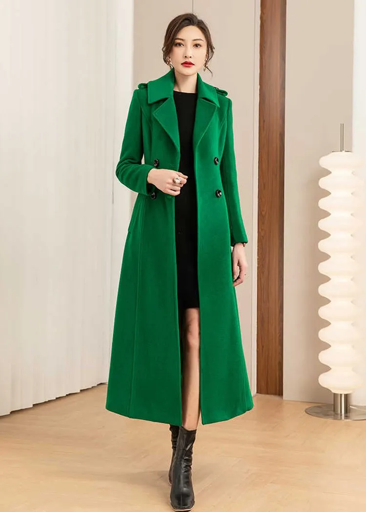 Green Double Breasted Wool Blend Long Coat