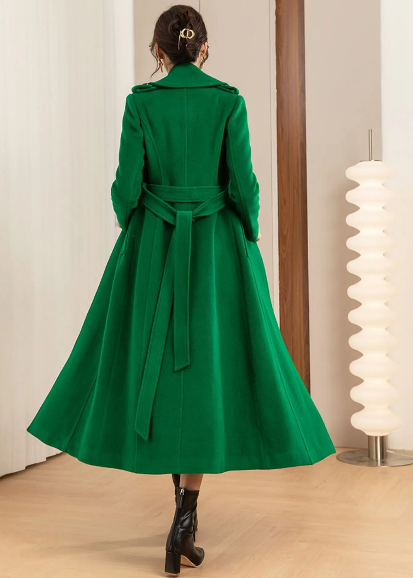 Green Double Breasted Wool Blend Long Coat