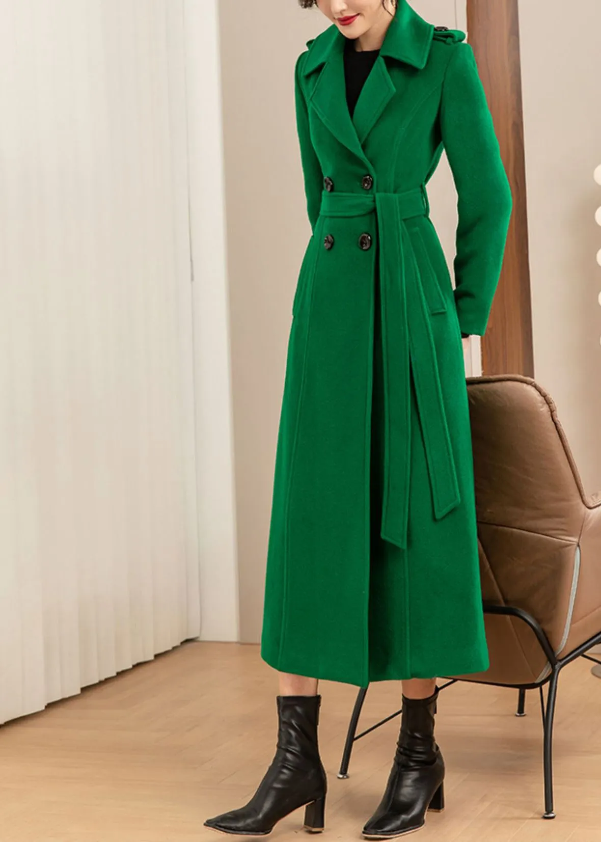 Green Double Breasted Wool Blend Long Coat