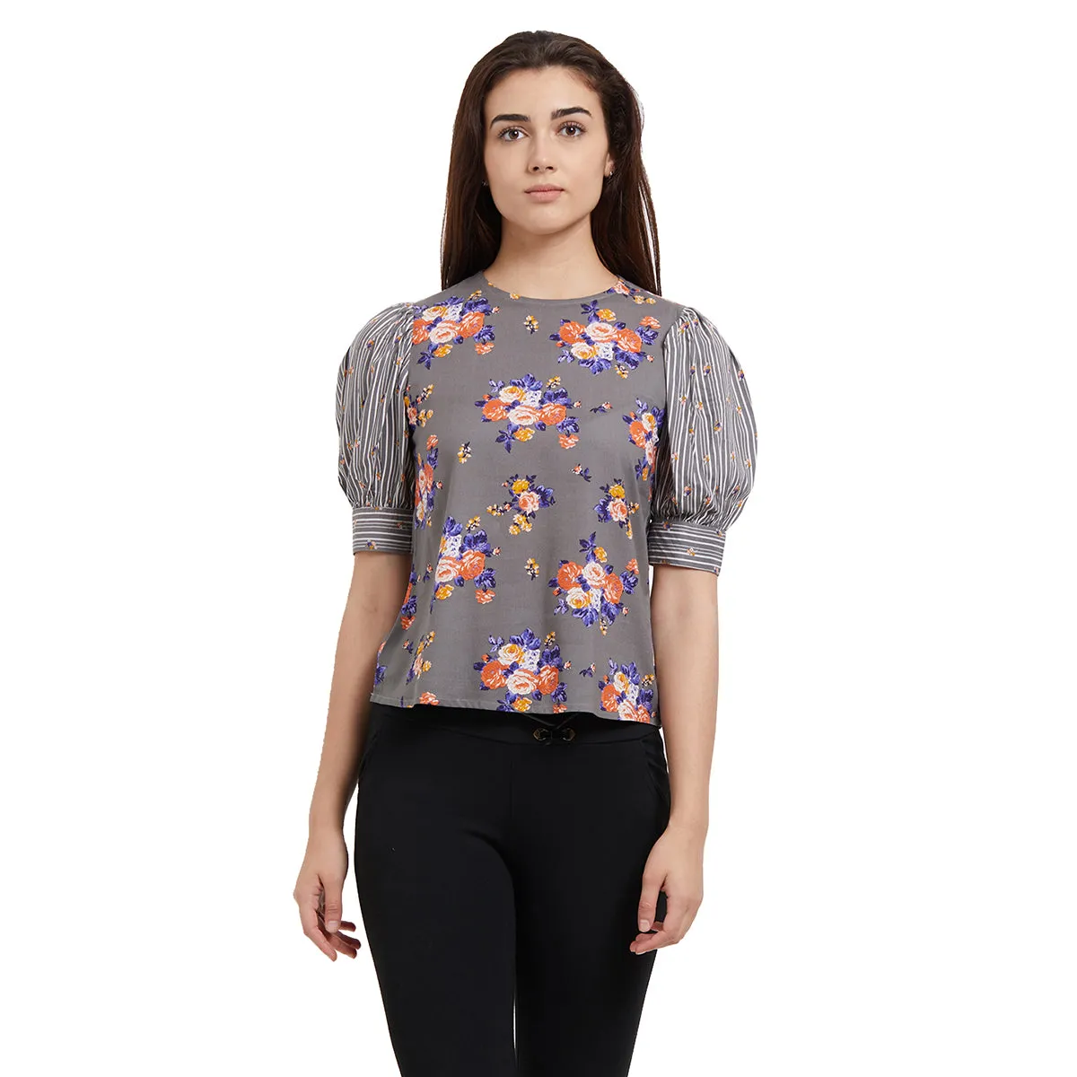 Grey Floral Top With 3/4Th Sleeves