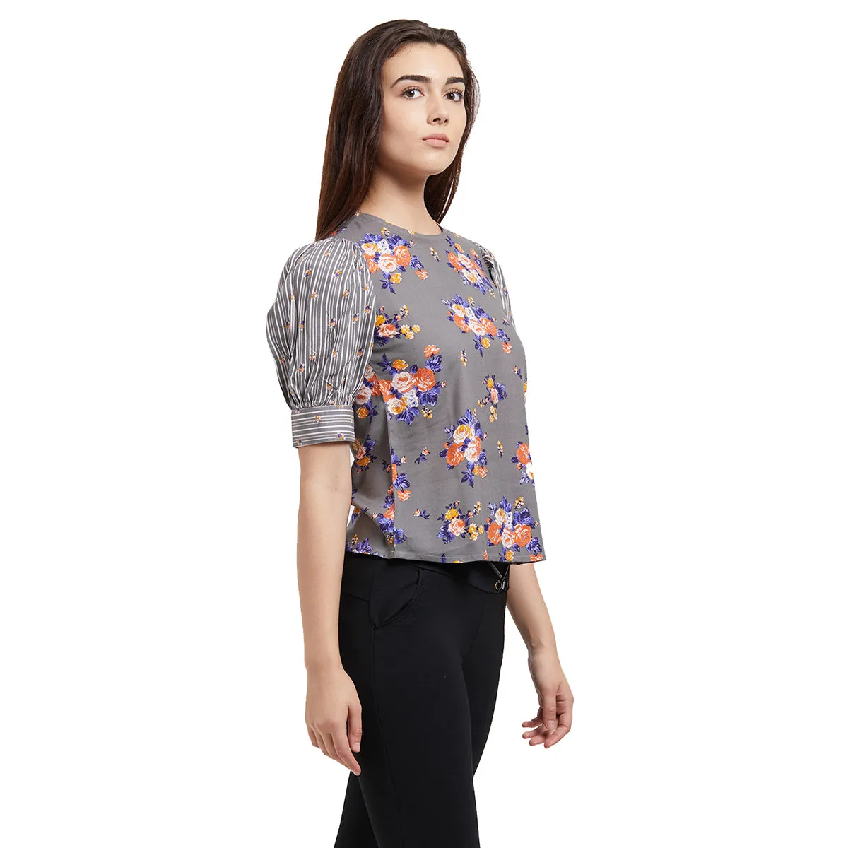 Grey Floral Top With 3/4Th Sleeves