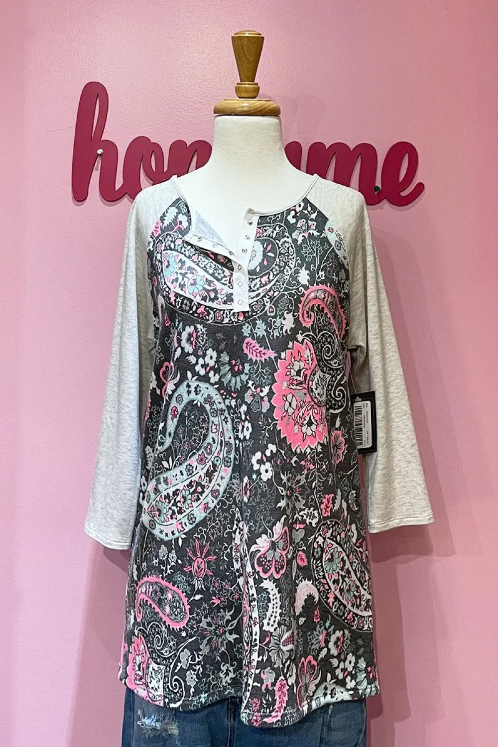 Grey Pink Paisley Print Tunic