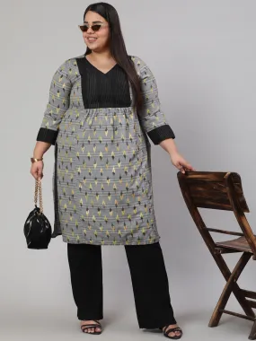 Grey Plus Size Self-Weaved Ikat Printed Straight Kurta