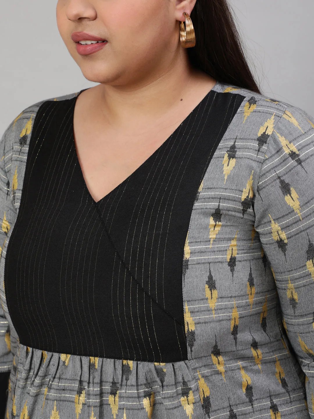 Grey Plus Size Self-Weaved Ikat Printed Straight Kurta