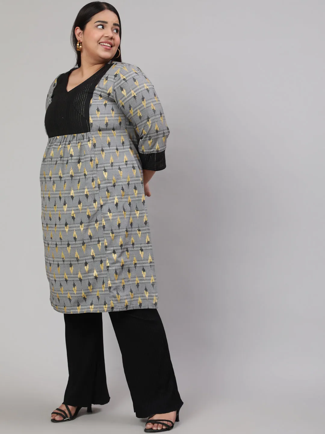 Grey Plus Size Self-Weaved Ikat Printed Straight Kurta