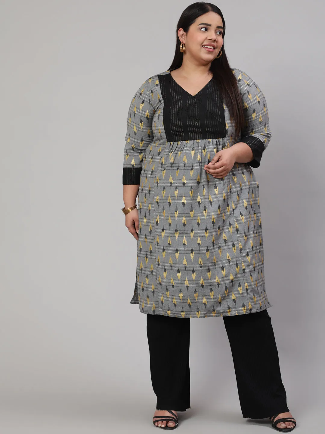 Grey Plus Size Self-Weaved Ikat Printed Straight Kurta