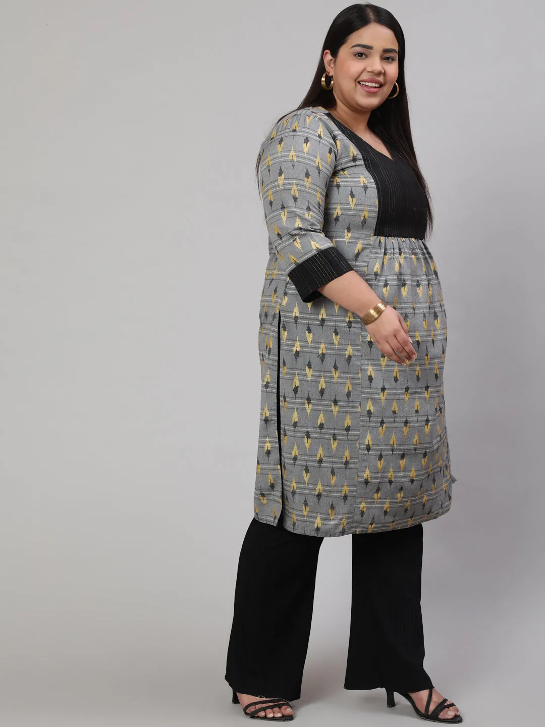 Grey Plus Size Self-Weaved Ikat Printed Straight Kurta