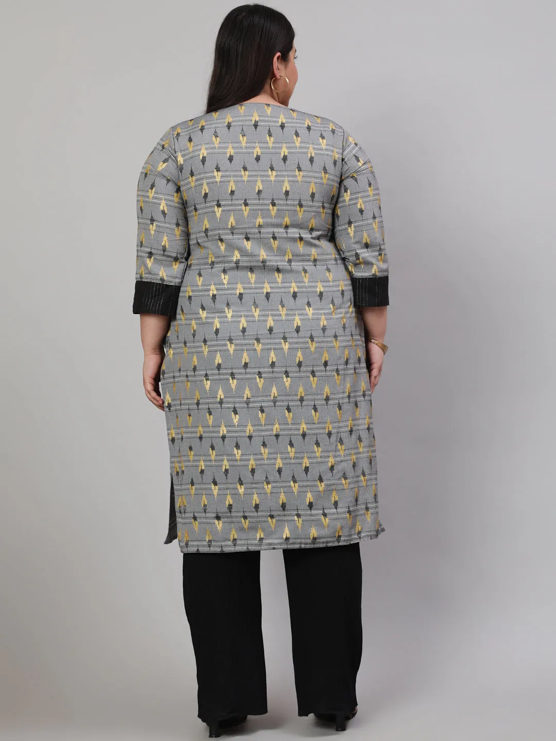 Grey Plus Size Self-Weaved Ikat Printed Straight Kurta