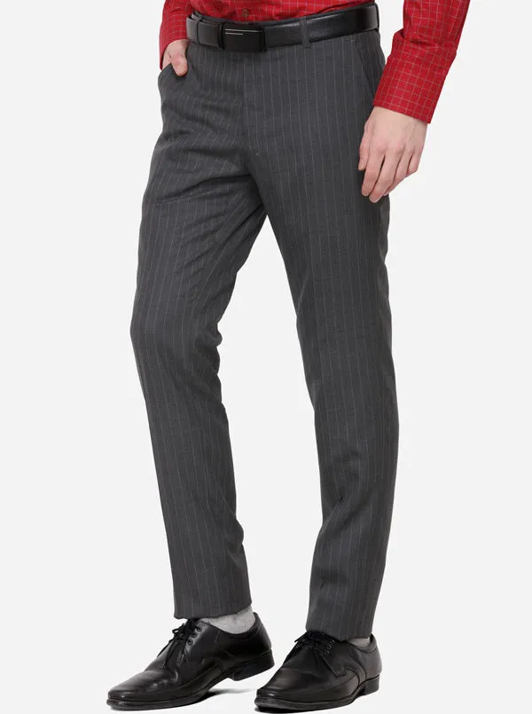 Grey Striped Super Slim Fit Formal Trouser | JadeBlue