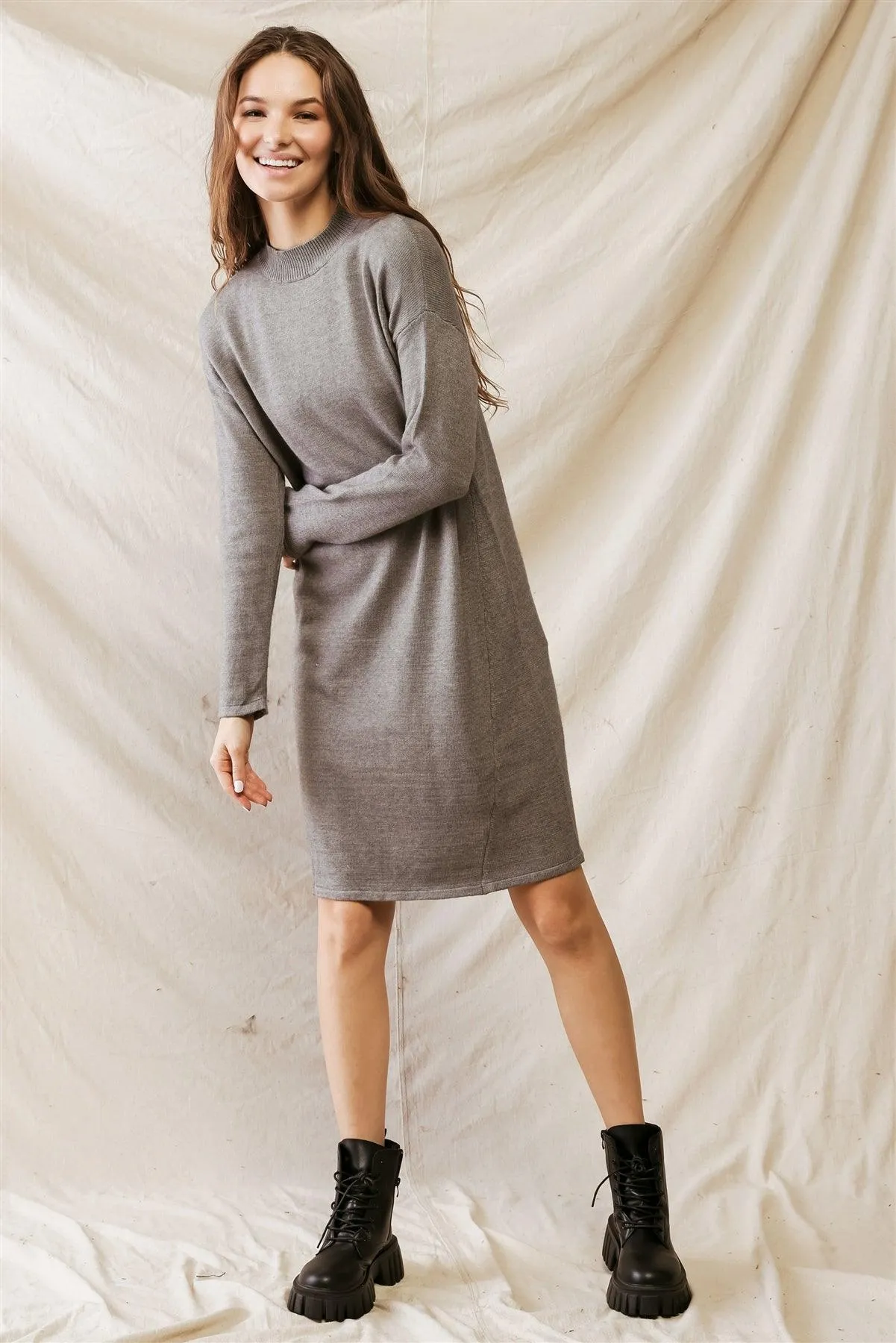 Heather Grey Viscose Blend Knit Long Sleeve Midi Dress /2-2-2