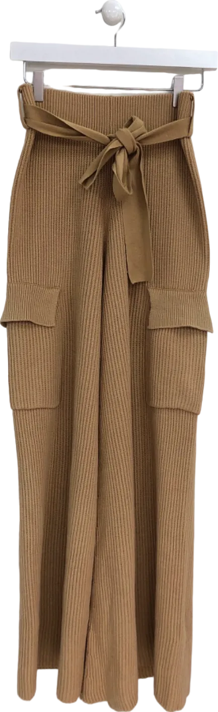 House of CB Camel Ribbed Knit Wide Leg Trousers UK M