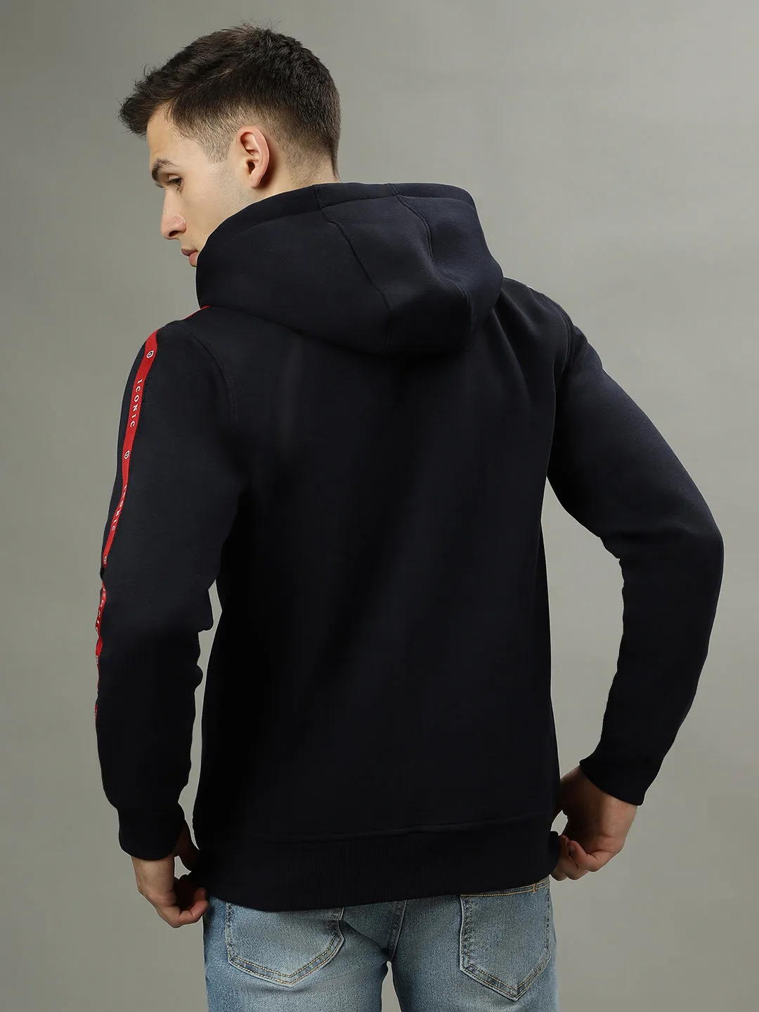 Iconic Men Navy Blue Solid Hooded Full Sleeves Jacket