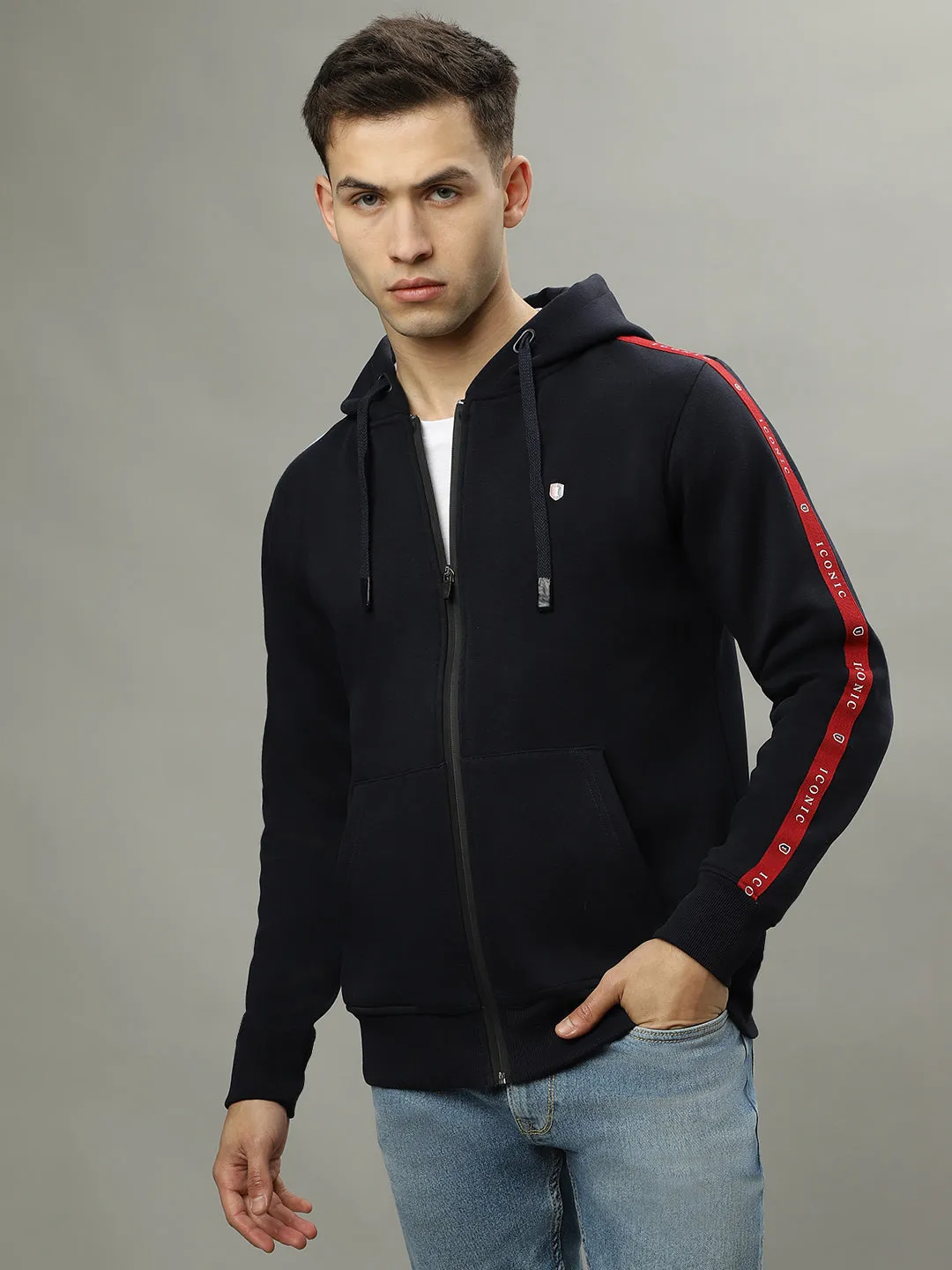 Iconic Men Navy Blue Solid Hooded Full Sleeves Jacket