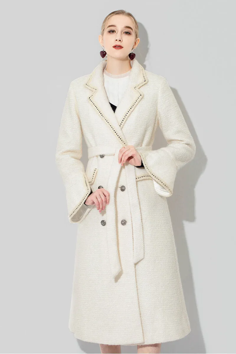 Ivory Tweed Thick Wool Blend Double Breasted Coat