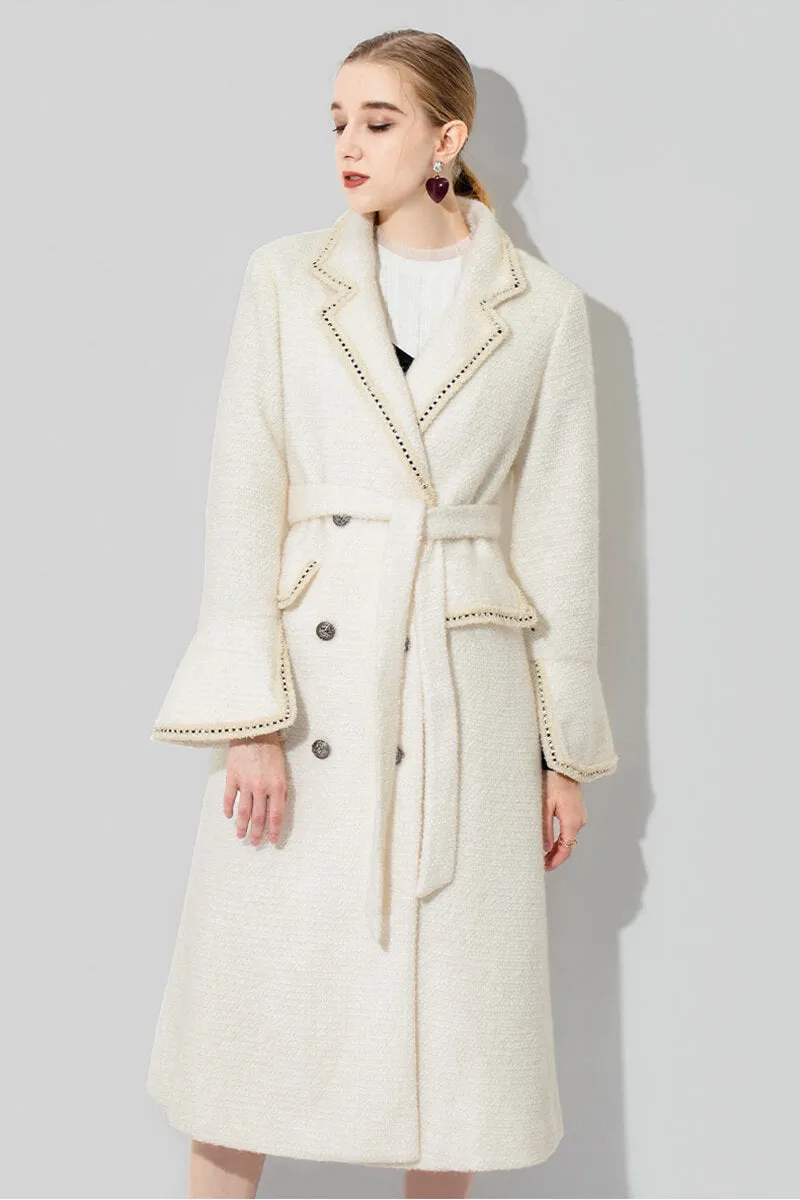 Ivory Tweed Thick Wool Blend Double Breasted Coat