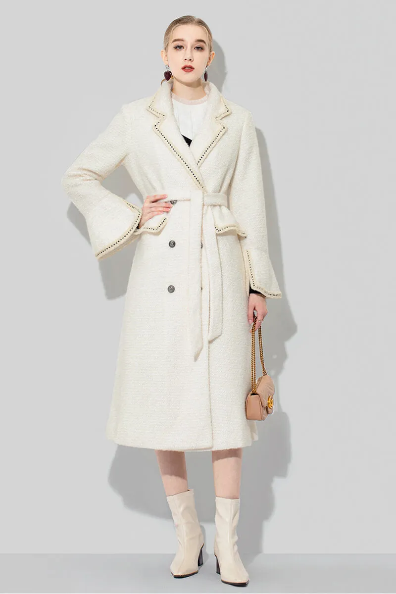 Ivory Tweed Thick Wool Blend Double Breasted Coat