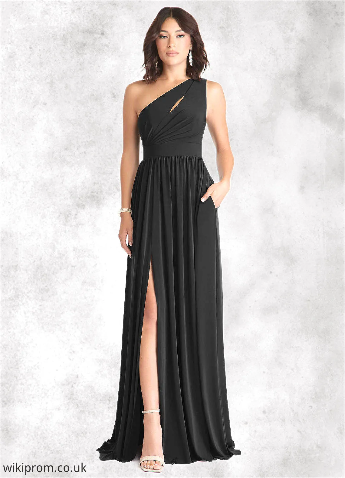 Joselyn A-Line One Shoulder Luxe Knit Floor-Length Dress black SWKP0022721