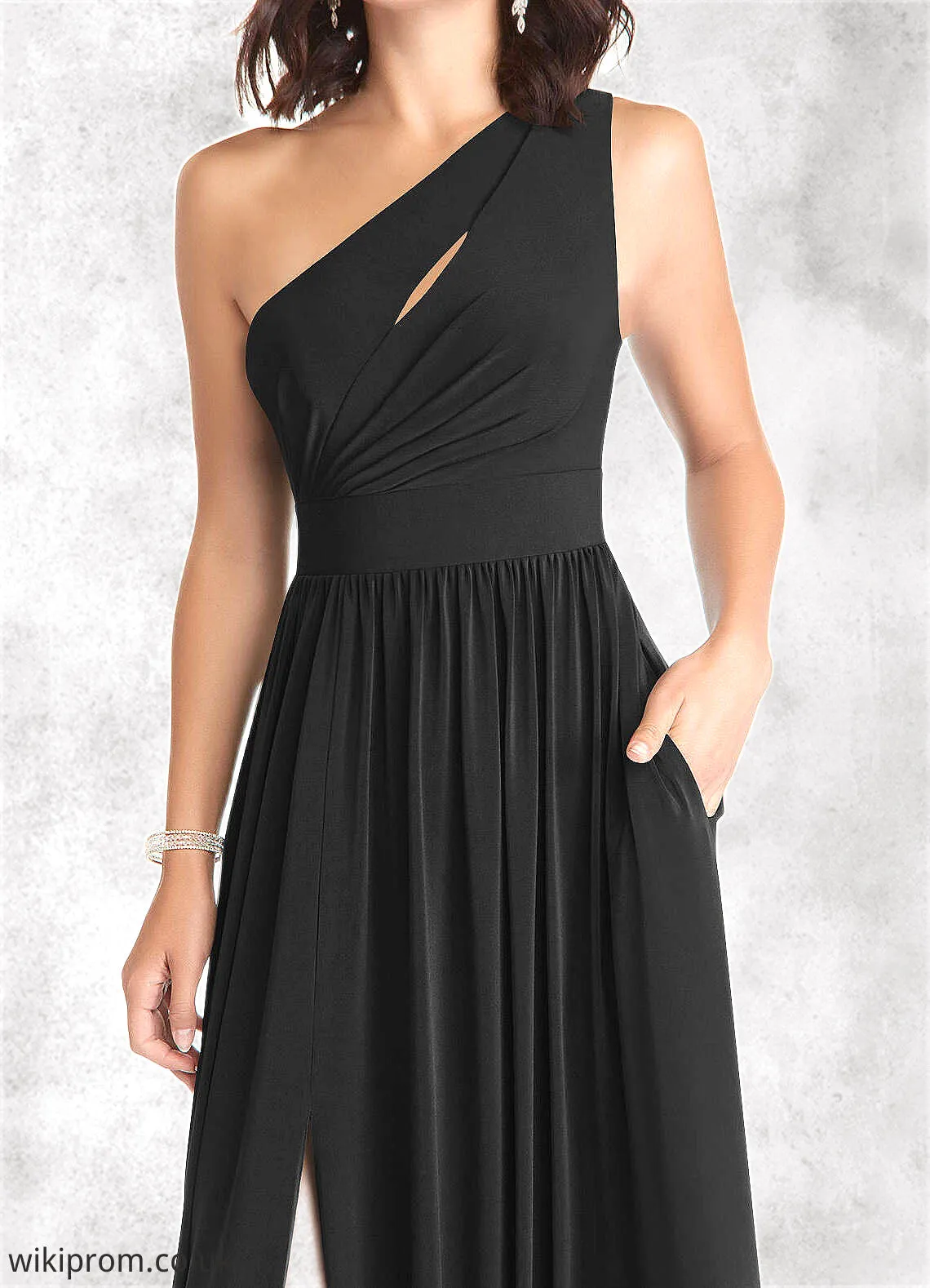 Joselyn A-Line One Shoulder Luxe Knit Floor-Length Dress black SWKP0022721