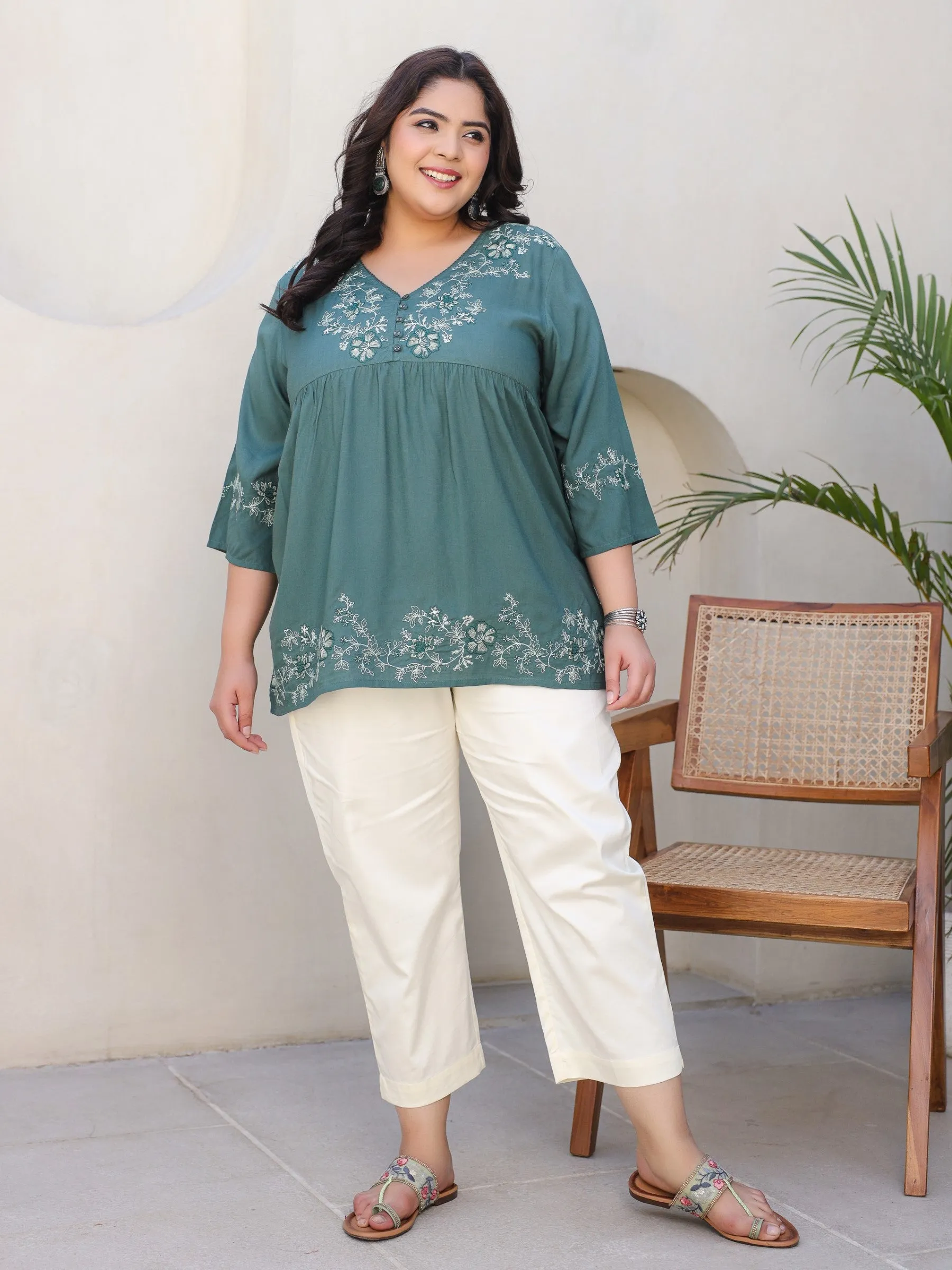 Juniper Green Modal Rayon Floral Embroidered Alia Cut Plus Size Tunic